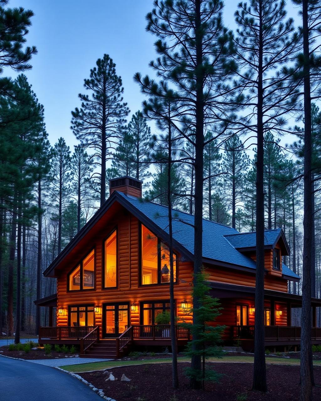 Wooden cabin among pine trees at dusk