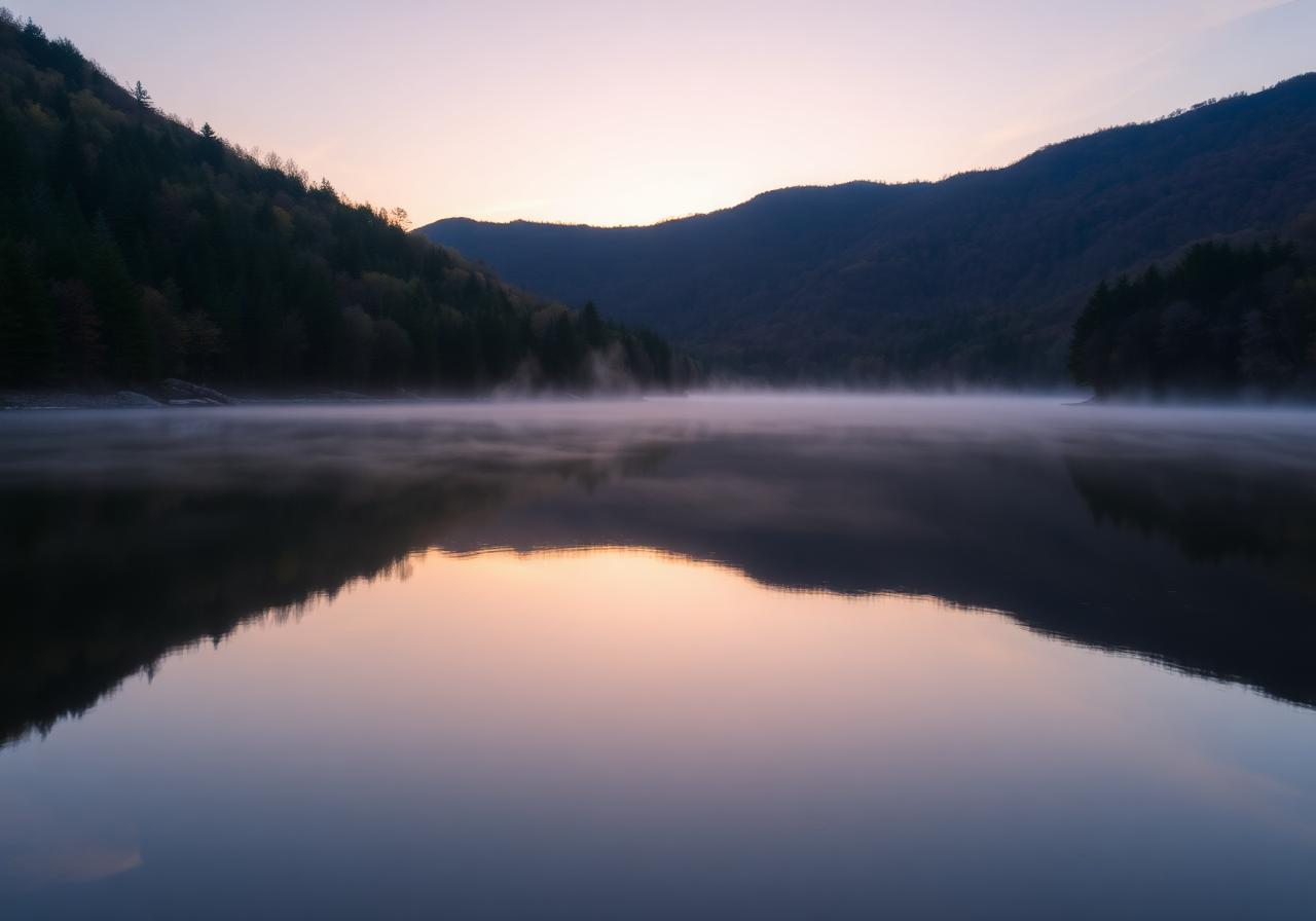 Misty mountain lake at sunrise