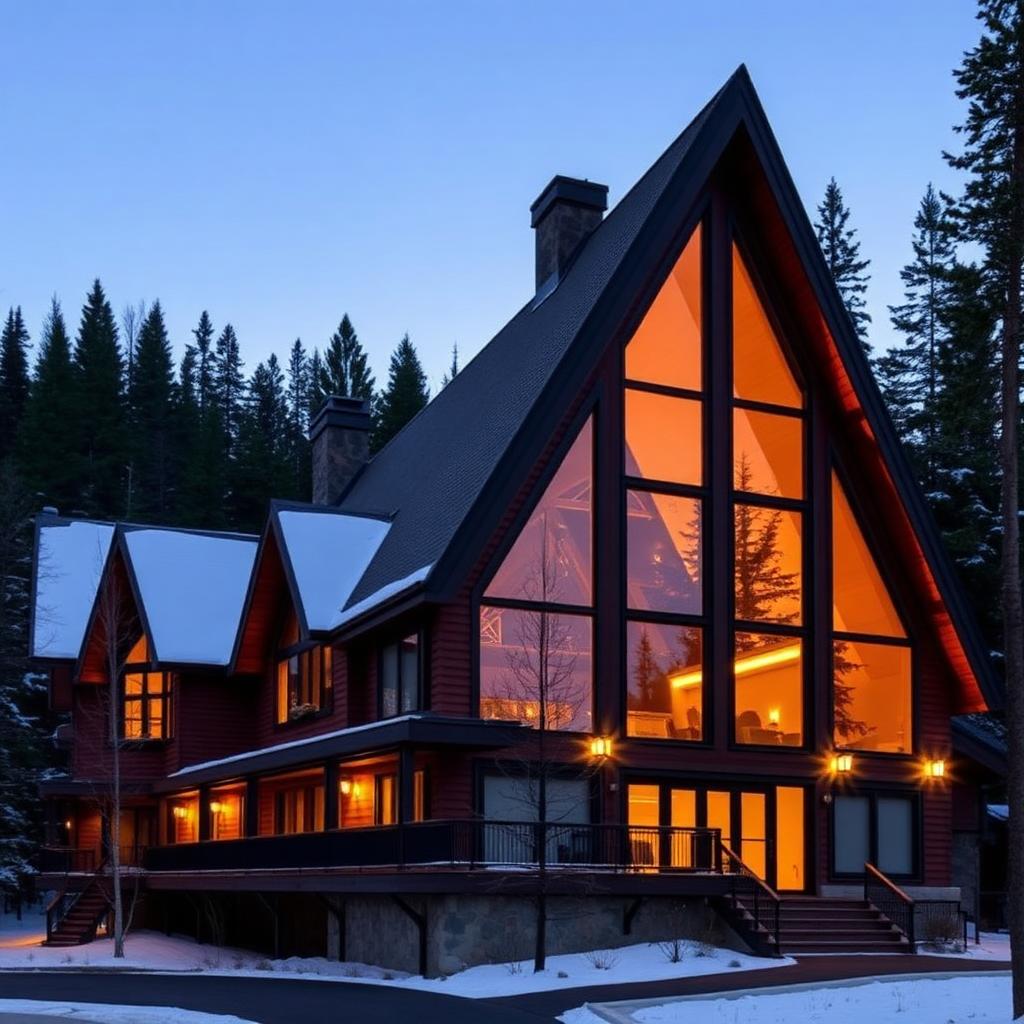 Modern A-frame lodge with warm lighting
