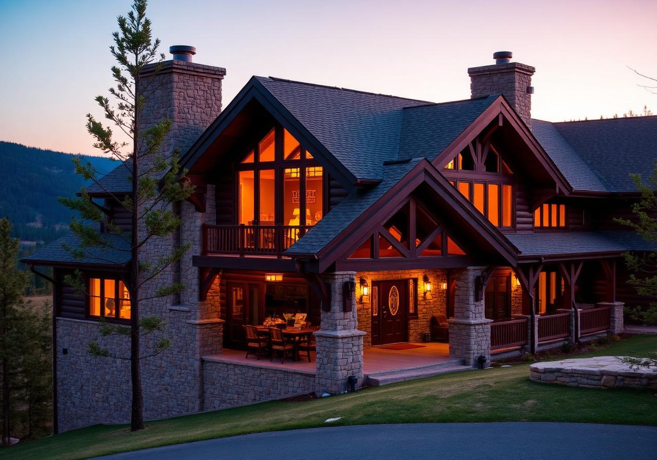 Stone and timber lodge at golden hour