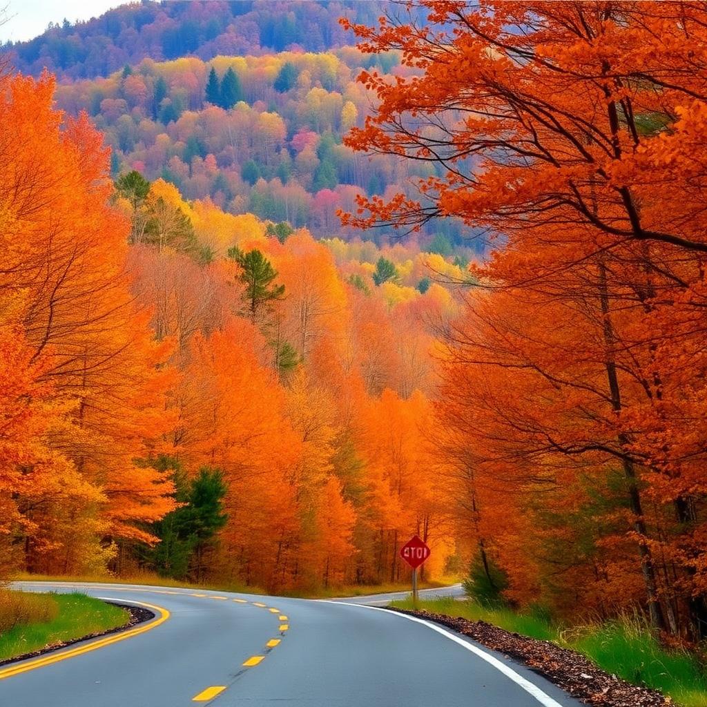 Autumn road winding through forest